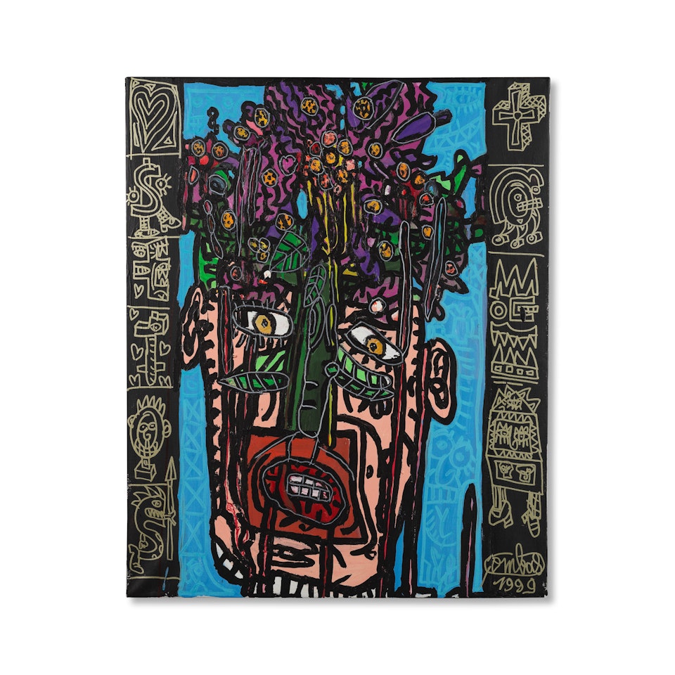 Personnage fleur entouré d'un cœur, d'une croix, d'un marteau, d'un S, d'une tête d'ovale, d'un autre S vengeur et de deux ou trois "trucs" en plus. by Robert Combas