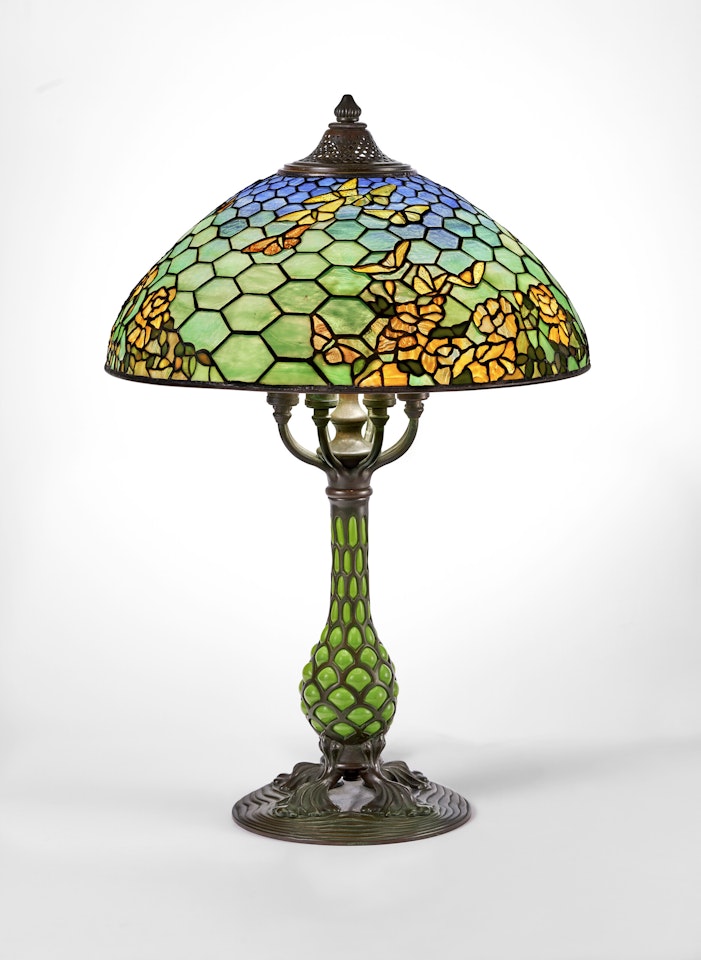‘Butterfly and Yellow Rose" Table Lamp; with a ‘Pineapple" base by Tiffany Studios