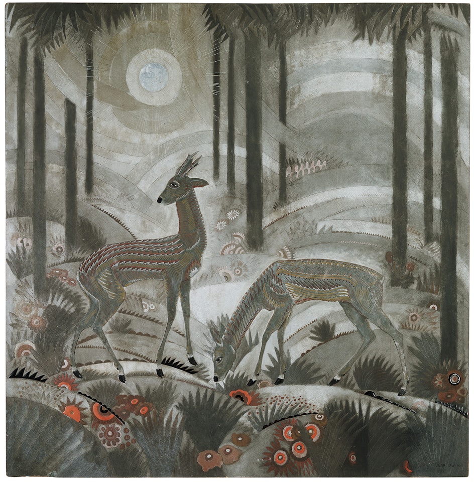 IMPORTANT ‘BICHE DANS UN SOUS-BOIS’ PANEL FOR MADAME LINA YACOUBOVITCH, PARIS, CIRCA by Jean Dunand