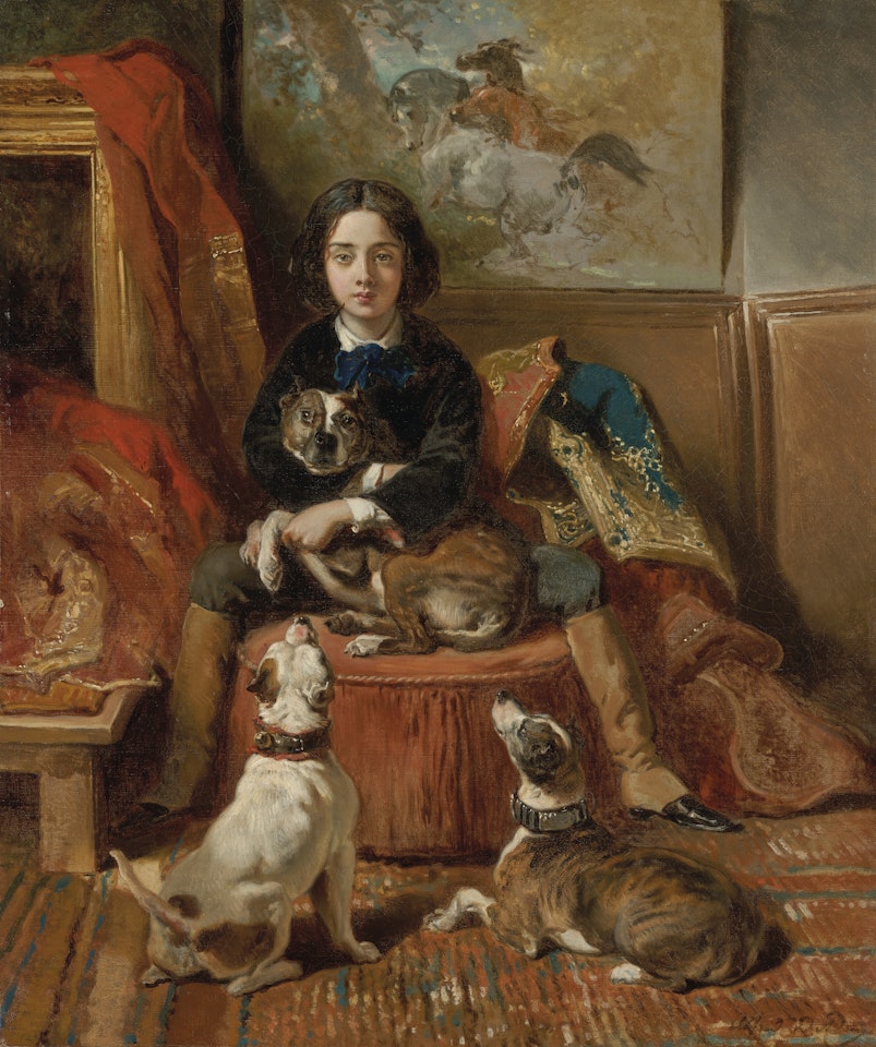 Portrait d'enfant assis avec ses chiens by Alfred de Dreux