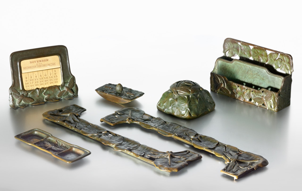 A Rare Seven-Piece “Pond Lily” Desk Set by Tiffany Studios