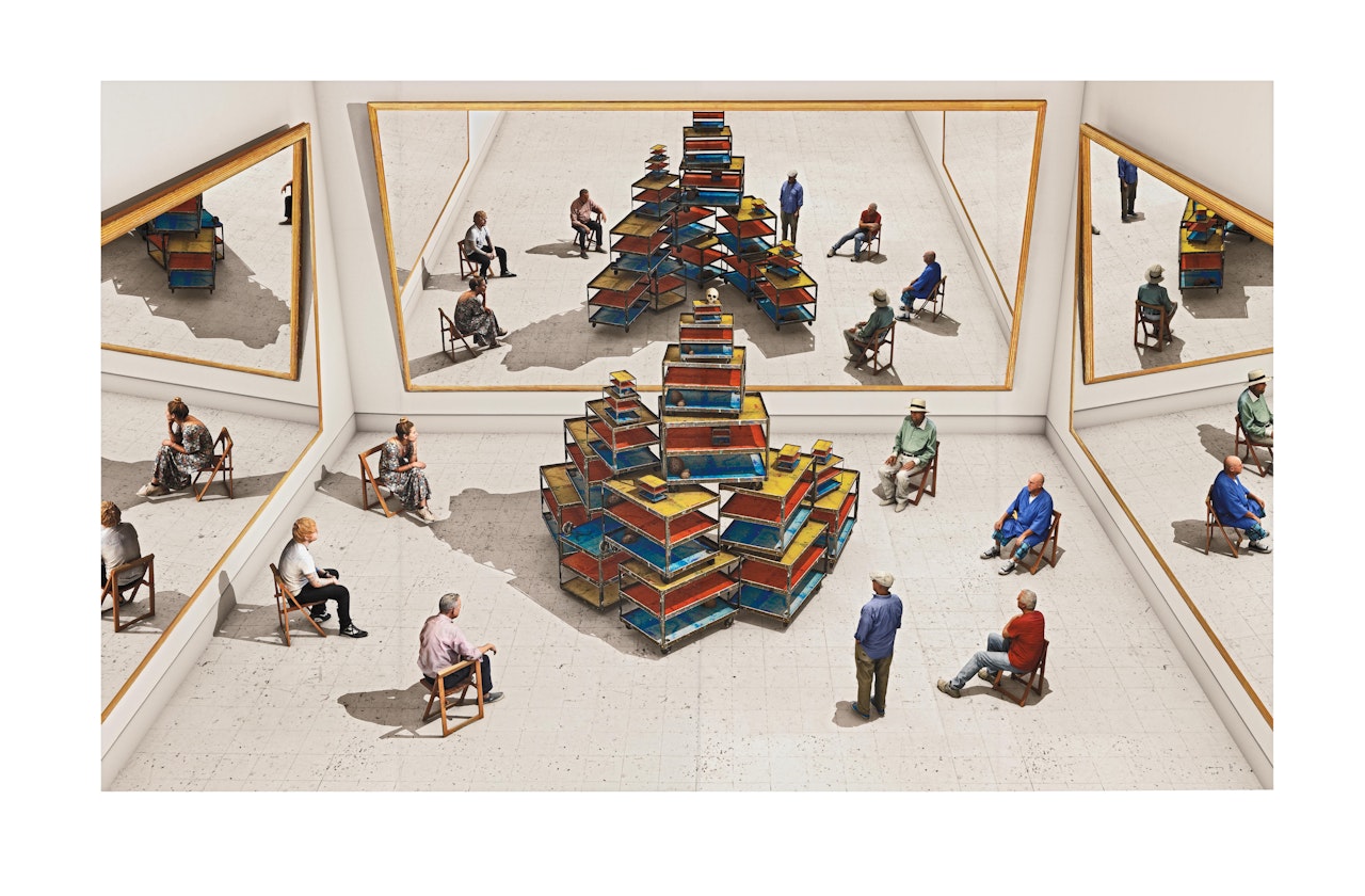 Viewers Looking at a Ready-made with Skull and Mirrors by David Hockney