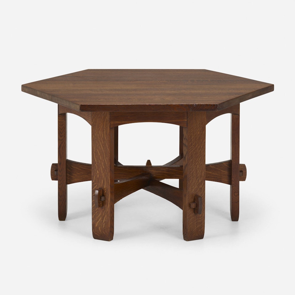 Hexagonal library table, model 625 by Gustav Stickley