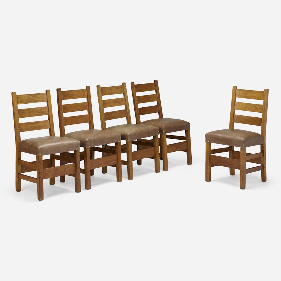 Heavy ladderback chairs model 349 1/2, set of five by Gustav Stickley