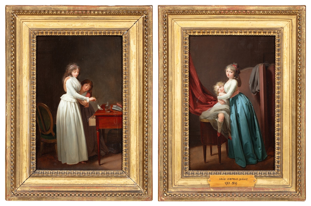 (I) Deux sœurs jouant avec un oiseau ; (II) Jeune mère serrant dans ses bras son enfant by Louis-Leopold Boilly