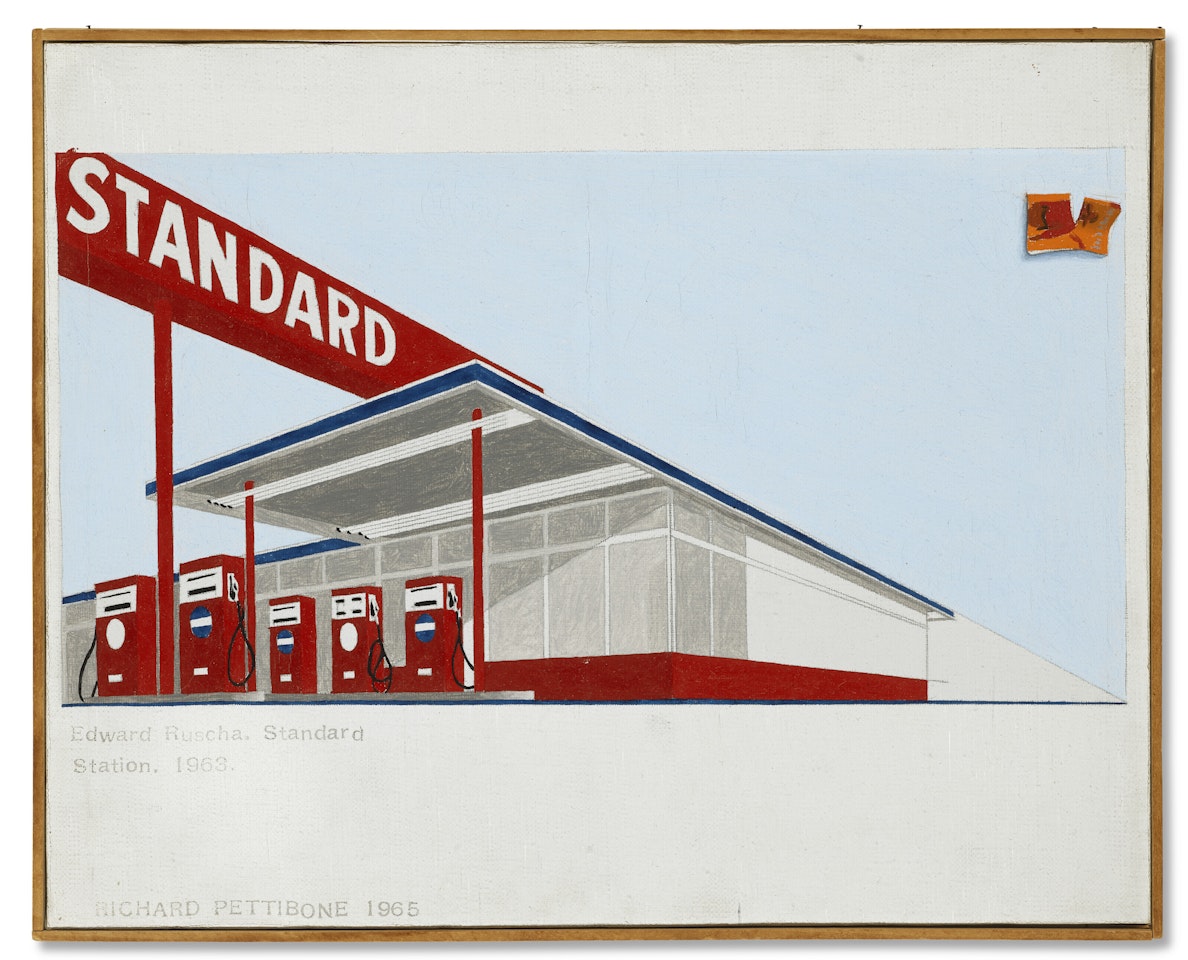 Edward Ruscha, "Standard Station (with 10 cent Western Being Torn in Half, 1964)," 1963 by Richard Pettibone