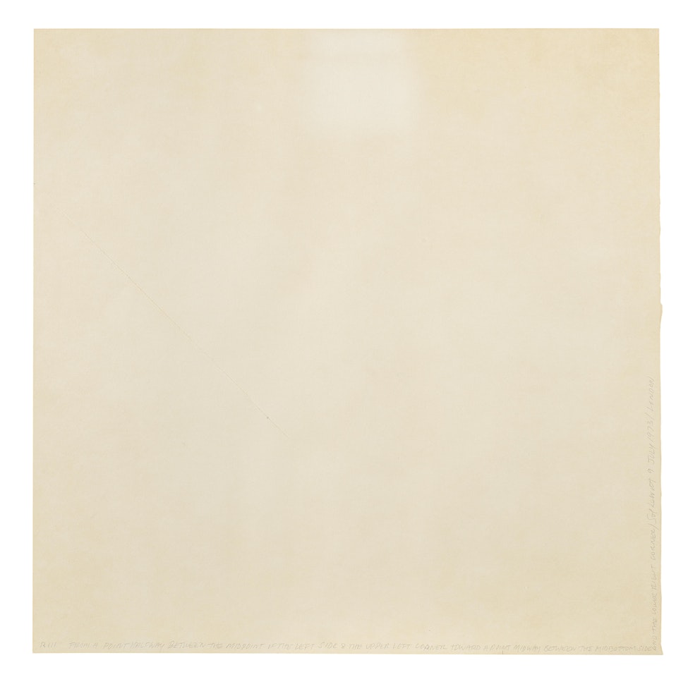 R111 From a point halfway between the midpoint of the left side & the upper left corner toward a point midway between the mid bottom side and the lower right corner by Sol LeWitt