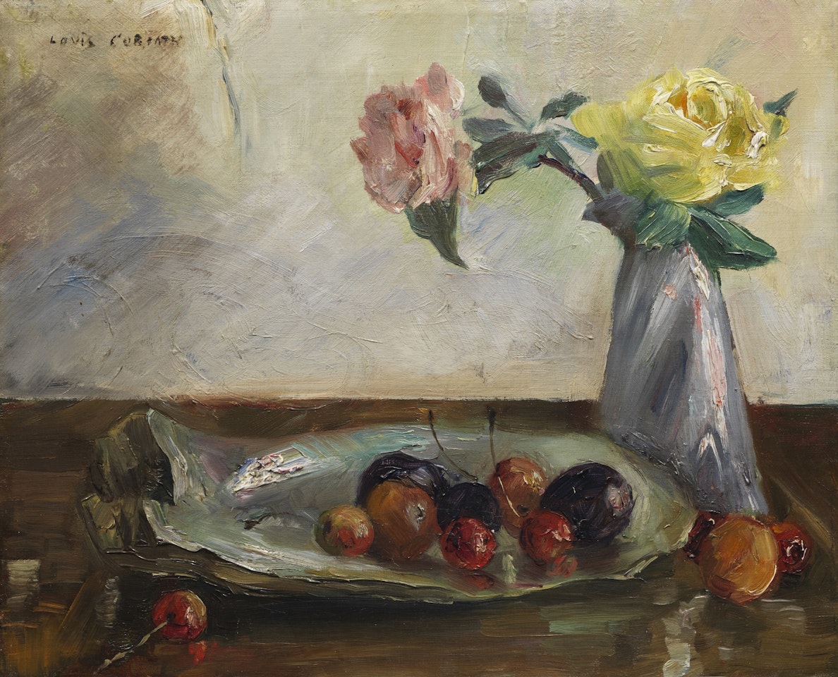 Stillleben mit Blumen in Vase, Muschel und Obst by Lovis Corinth