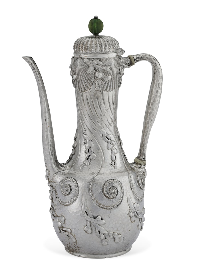 AN AMERICAN SILVER AND JADE-MOUNTED AFTER DINNER COFFEE POT by Tiffany & Co.
