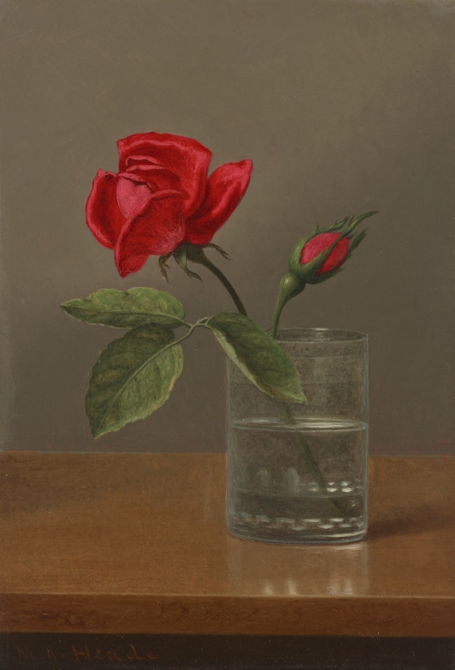 Red Rose and Bud in a Tumbler on a Shiny Table by Martin Johnson Heade