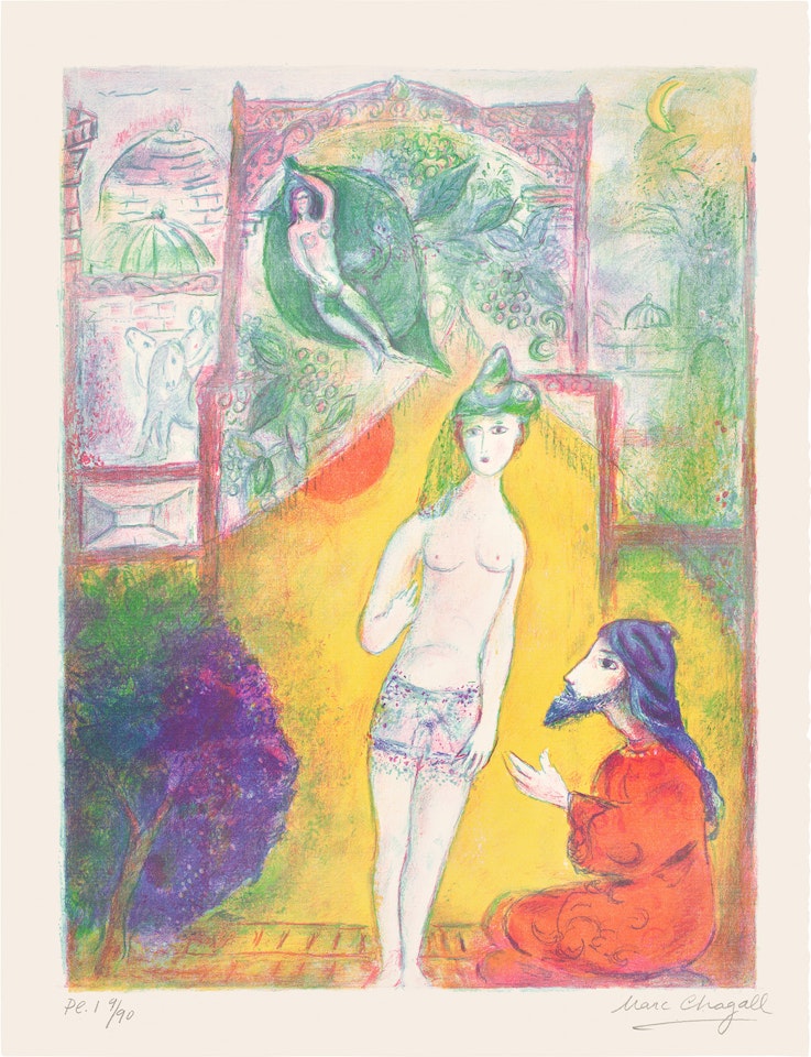 Then the Boy Displayed to the Dervish his Bosom, Saying: 'Look at my Breasts which be Goodlier than the Breasts of Maidens and my Lipdews are Sweeter than Sugar Candy...', plate 1 from Four Tales from the Arabian Nights (M. 36, C. Bks. 18) by Marc Chagall