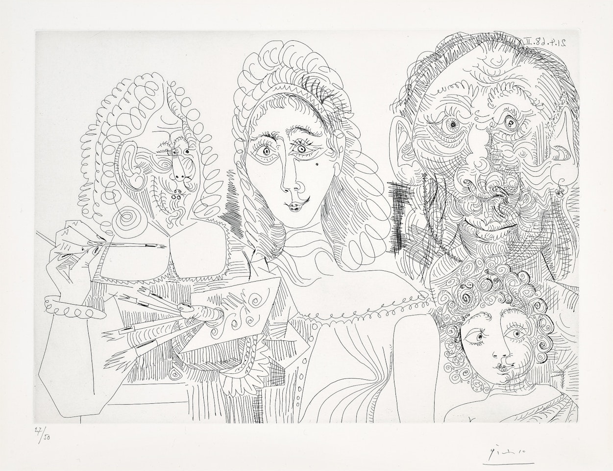 Peintre avec couple et enfant (Painter with Couple and Child), plate 46 from Série 347 (Bl. 1526, Ba. 1542) by Pablo Picasso