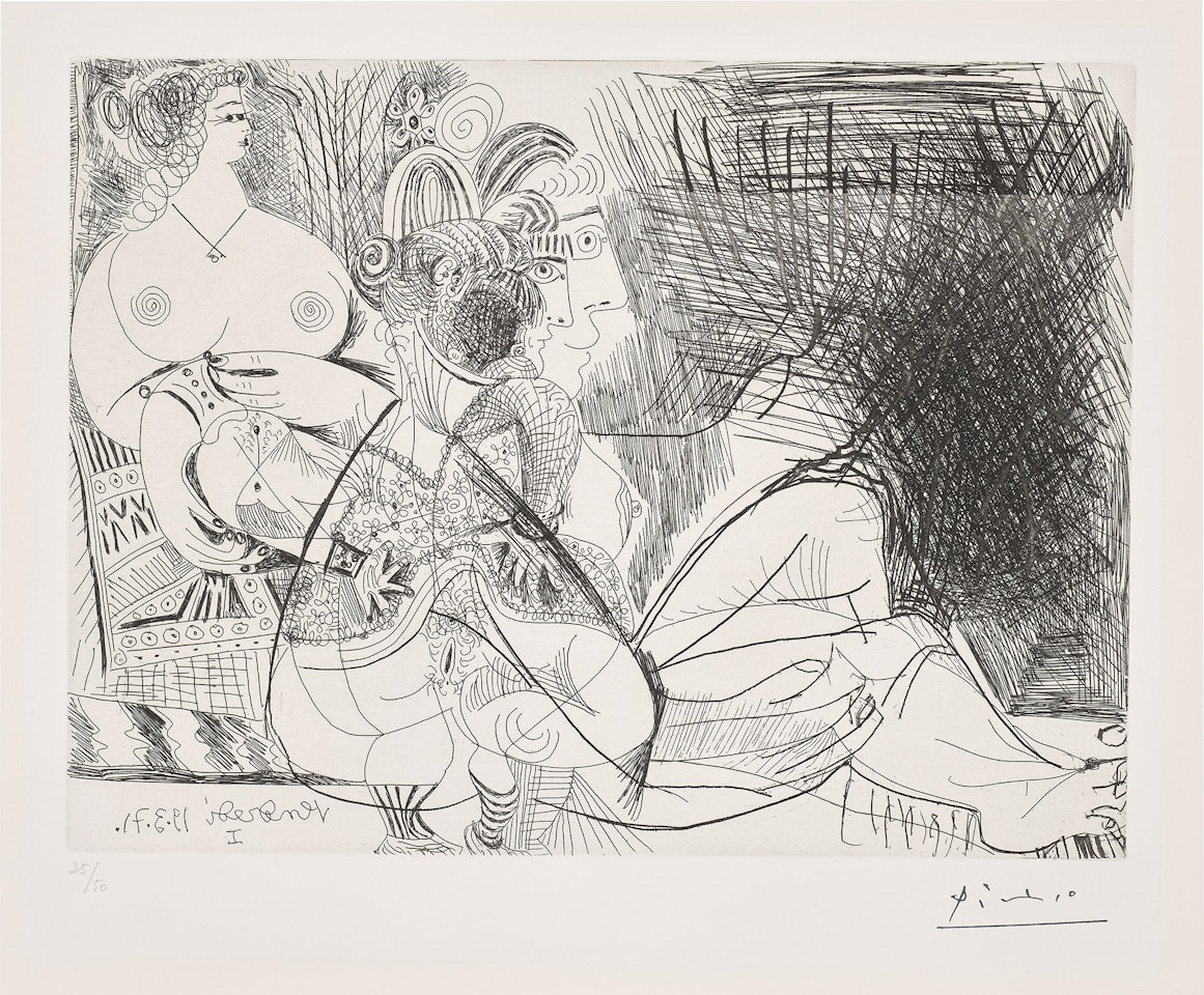 Maison close, trois filles au repos, dont une en chaussettes (Brothel, Three Girls Resting, One in Stockings), plate 90 from Série 156 (Bl. 1945, Ba. 1954) by Pablo Picasso