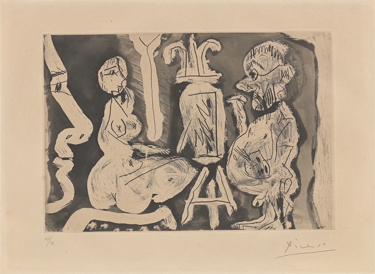 ”Peintre et modèle avec un spectateur” by Pablo Picasso