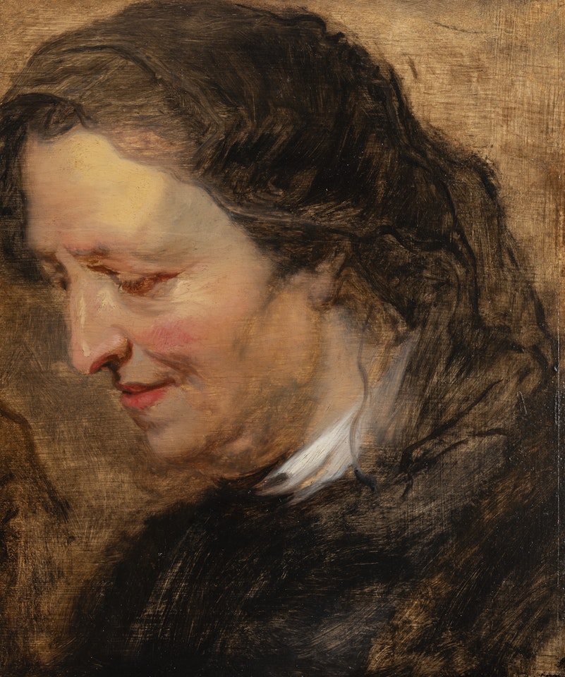 Head study of an old woman with a veil, formerly identified as Maria Pypelinckx, the artist"s mother, looking down in profile to the left by Peter Paul Rubens