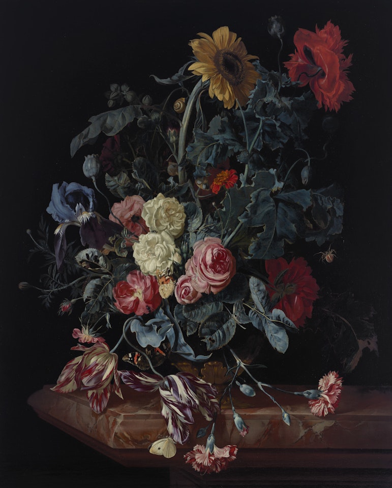 A bouquet with a sunflower, roses, an iris, tulips, carnations and a camellia in a gilt mounted vase, with insects on a marble tabletop by Willem van Aelst
