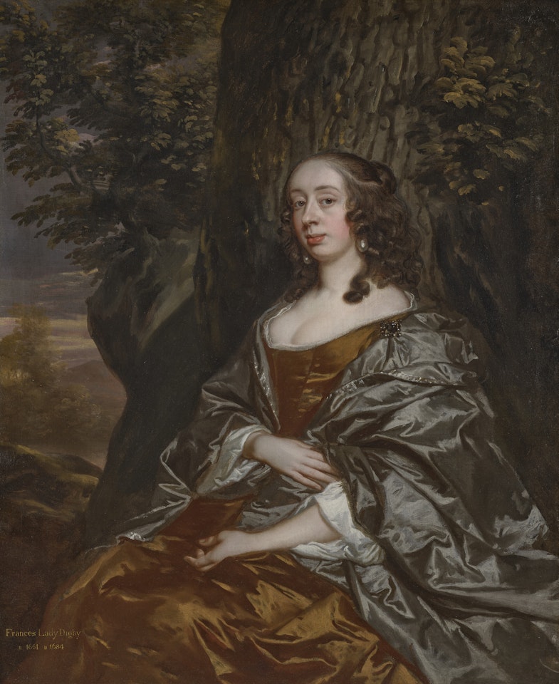 seated three-quarter length, in a brown dress, before an oak tree, with a wooded landscape beyond by Sir Peter Lely
