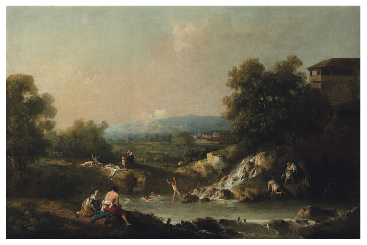 A river landscape with bathers by Francesco Zuccarelli