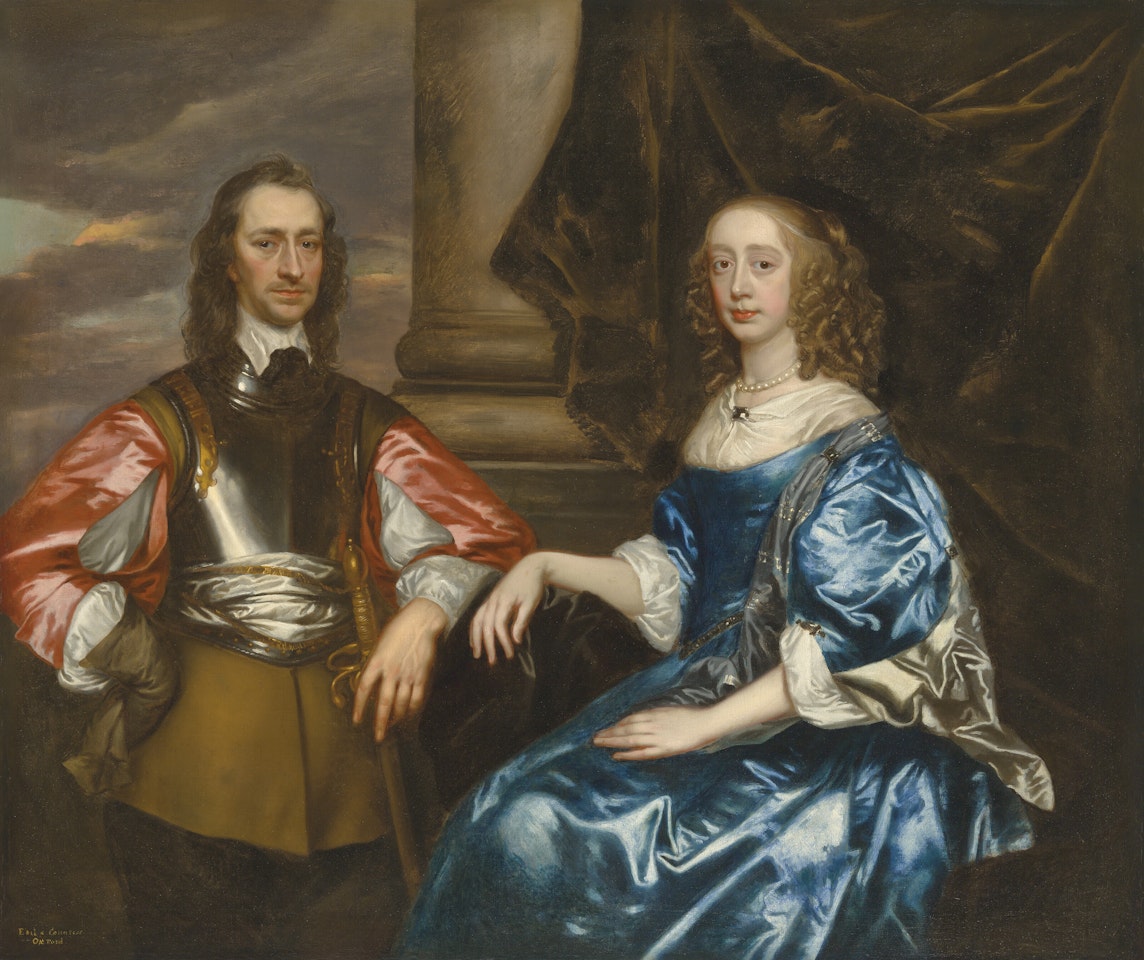 Portrait of Aubrey de Vere, 20th Earl of Oxford (1627 -1703), three quarter-length, standing holding a sword, and Anne de Vere, neé Bayning, Countess of Oxford (1637-1659), three-quarter-length, seated, in a blue dress before a draped column by Sir Peter Lely