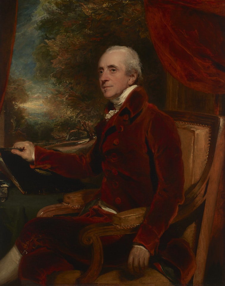 Portrait of William Baker, (1743-1824), three-quarter-length seated, in a red dress coat, with a landscape beyond by Sir Thomas Lawrence