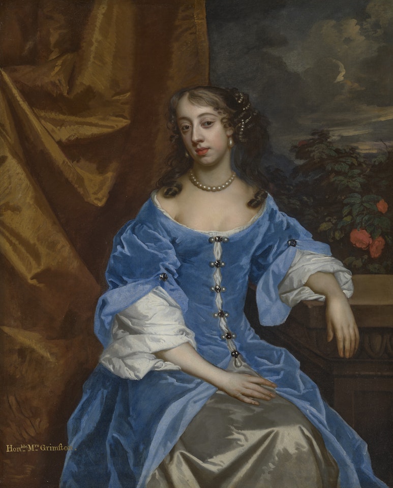 Portrait of the Honorable Mrs Grimston, née Finch, afterwards Lady Elizabeth Grimston (1650-1675), three-quarter-length, in a blue dress, resting her left arm on a pedestal by Sir Peter Lely