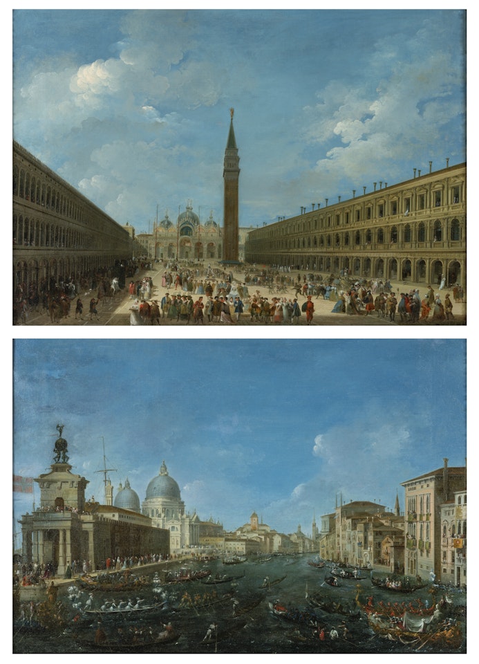 Venice, Piazza San Marco on the last day of Carnival; and A regatta at the Punta della Dogana by Giuseppe Bernardino Bison