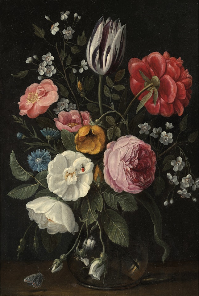 Roses, a tulip, a peony, a cherry blossom and a centaurium in a glass vase on a ledge by Jan Van Kessel The Elder