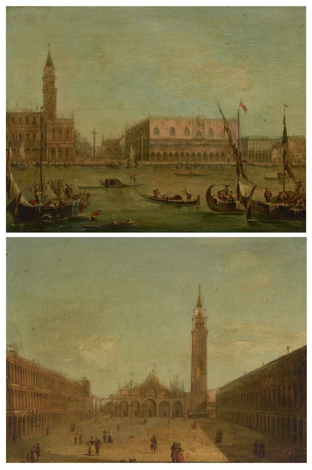 Venice, a view of the Piazza San Marco with the Basilica di San Marco and the Campanile; Venice, a view of the Molo from the Bacino di San Marco with the Piazzetta and the Palazzo Ducale by Venetian School