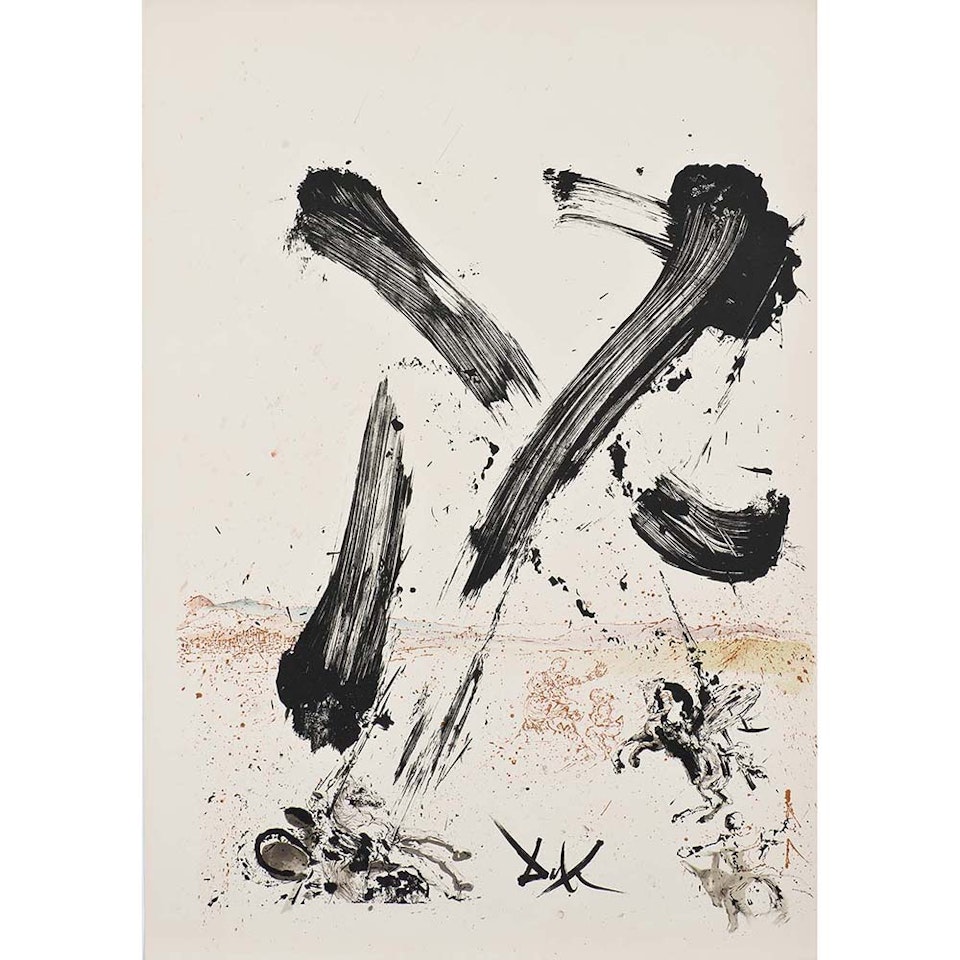 Tilting at the windmills; Plate 11 from Don Quixote de la Mancha by Salvador Dali