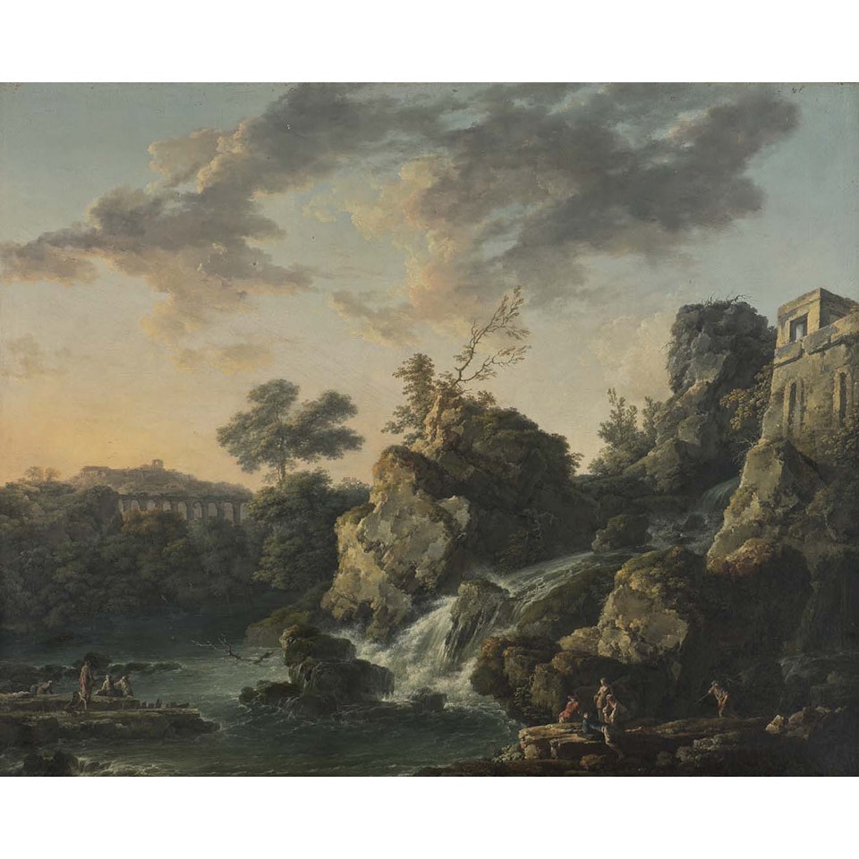 Landscape with an aqueduct and a waterfall; Forest landscape by Carlo Bonavia