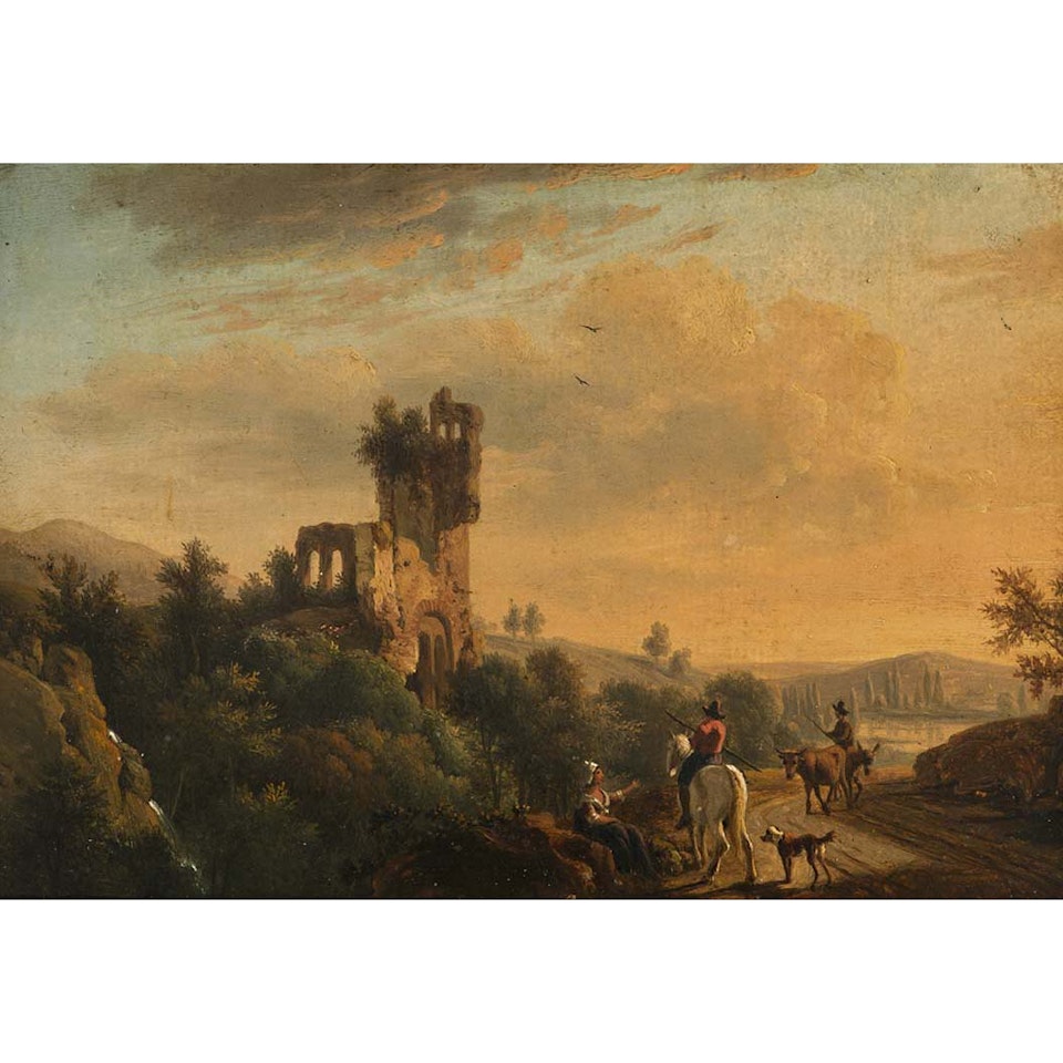 Landscape with ruined tower and shepherds by Dutch School