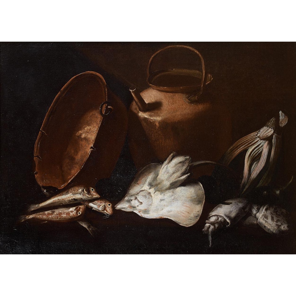 Cuttlefish and fennel near a copper basin by Giuseppe Recco