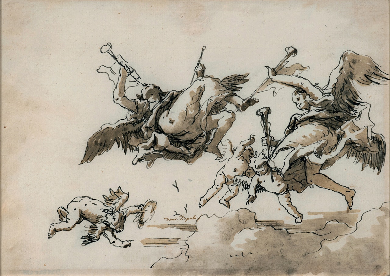 Angels in flight blowing trumpets by Giovanni Domenico Tiepolo
