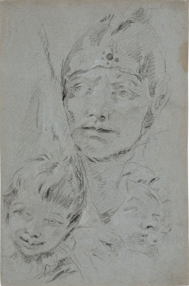 A sheet of studies of heads: a soldier wearing a helmet and holding a banner, and two young boys, one blowing a trumpet and wearing a hat by Giovanni Battista Tiepolo