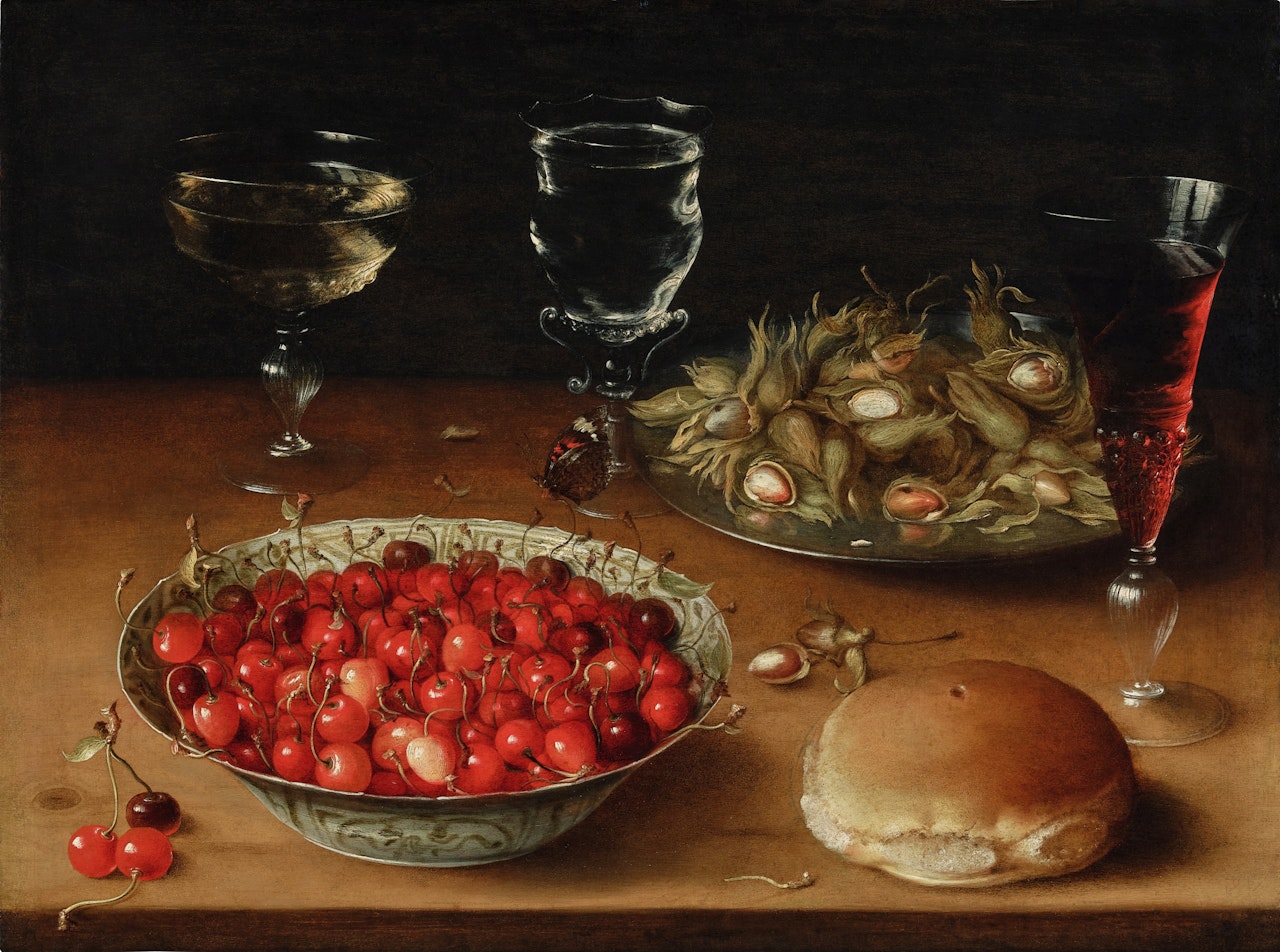 Still Life with Cherries in a Wanli Porcelain Bowl, Hazelnuts on a Pewter Platter, and Three façon-de-Venice Wine Glasses by Osias Beert