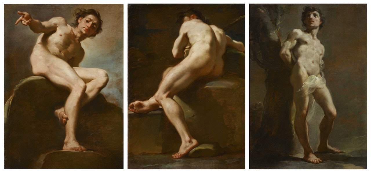 Three Academic Studies; Male Nude Seated on a Rock; Male Nude Seen from the Front, St. Sebastian by Ubaldo Gandolfi