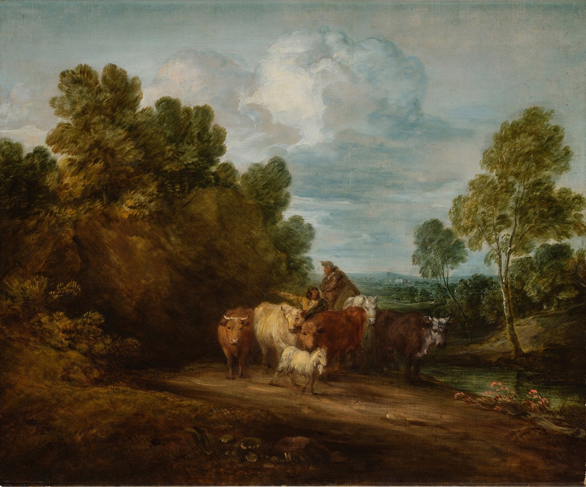 Wooded Landscape with Cows, a Drover and Mounted Peasant, and Distant Buildings by Thomas Gainsborough