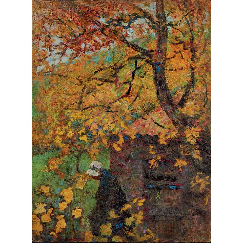 Woman in white hat, under a tree, Autumn by Victor Charreton