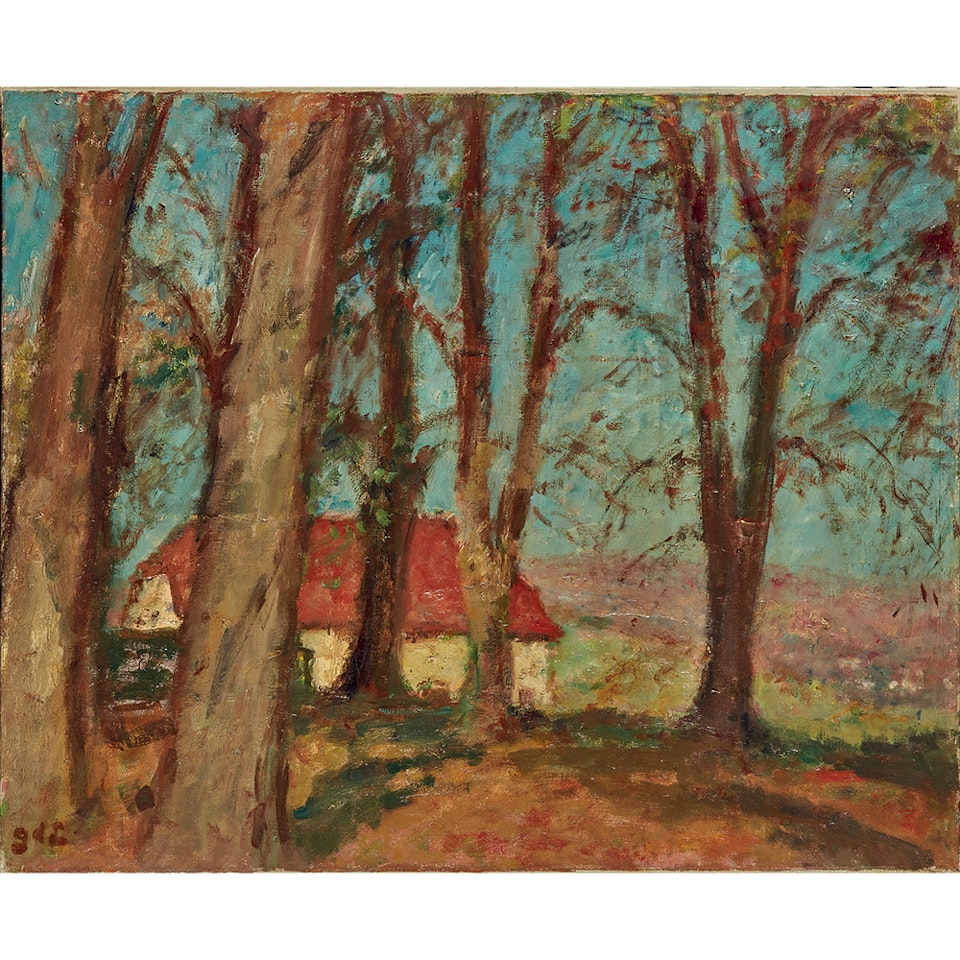 Thatched cottage through the trees by Georges d’Espagnat