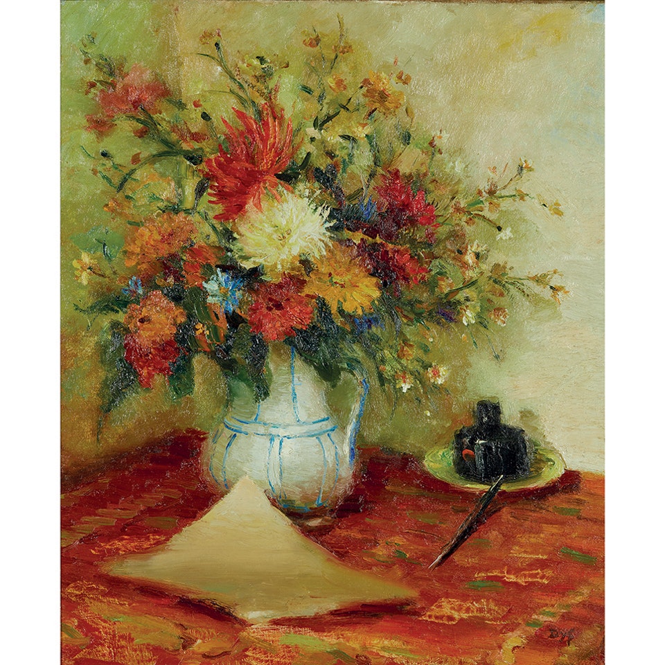 Still life with bouquet of flowers and inkwell by Marcel Dyf