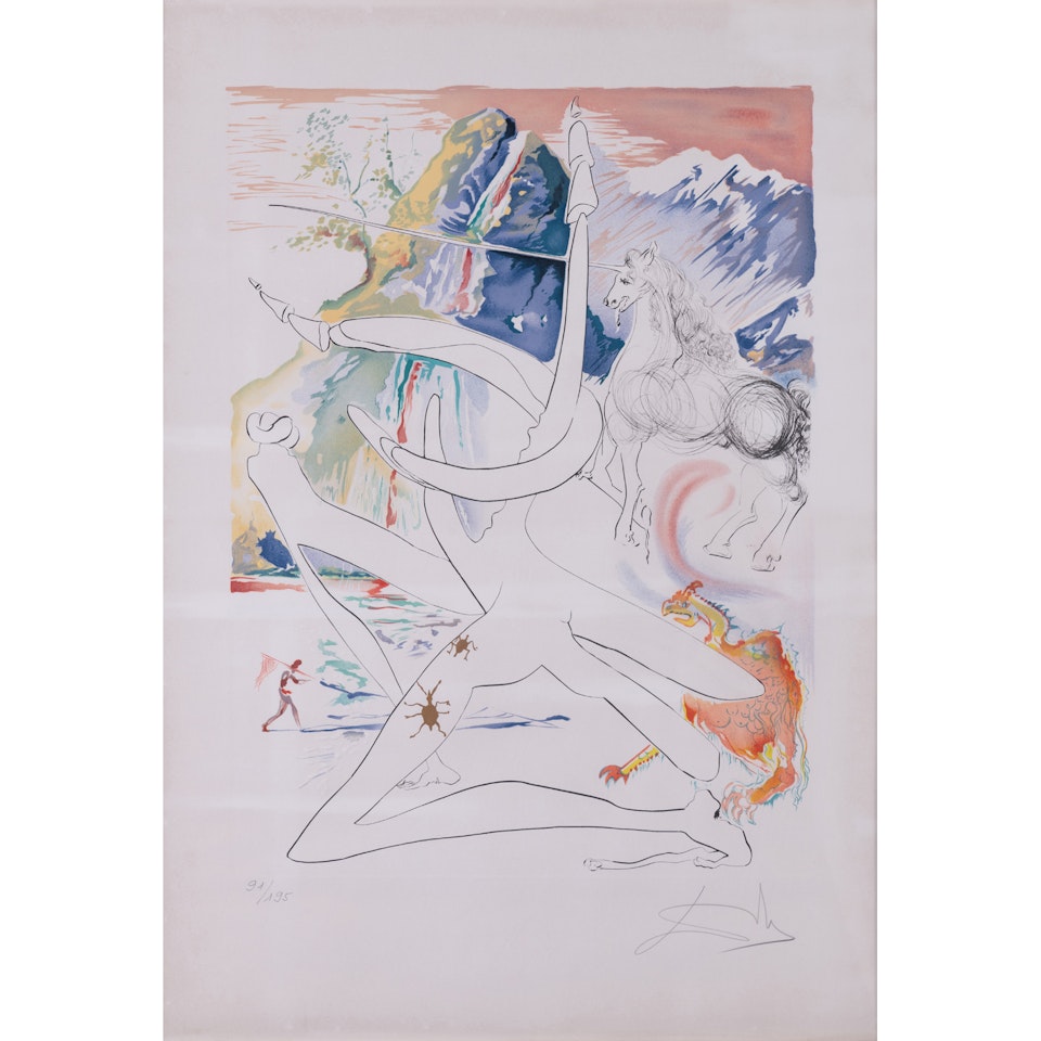 The laser unicorn disintegrates the horns of cosmic rhinoceroses, sheet 6 of "The conquest of the cosmos" portfolio by Salvador Dali
