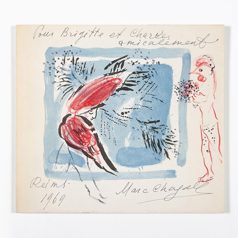 The red angel on a blue background and double profile by Marc Chagall