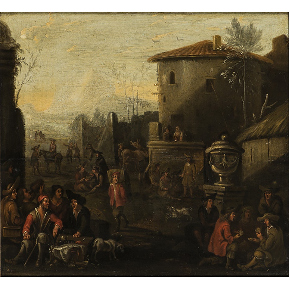 Village scene with card players by Flemish School