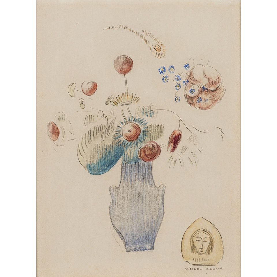 Vase of flowers and face by Odilon Redon