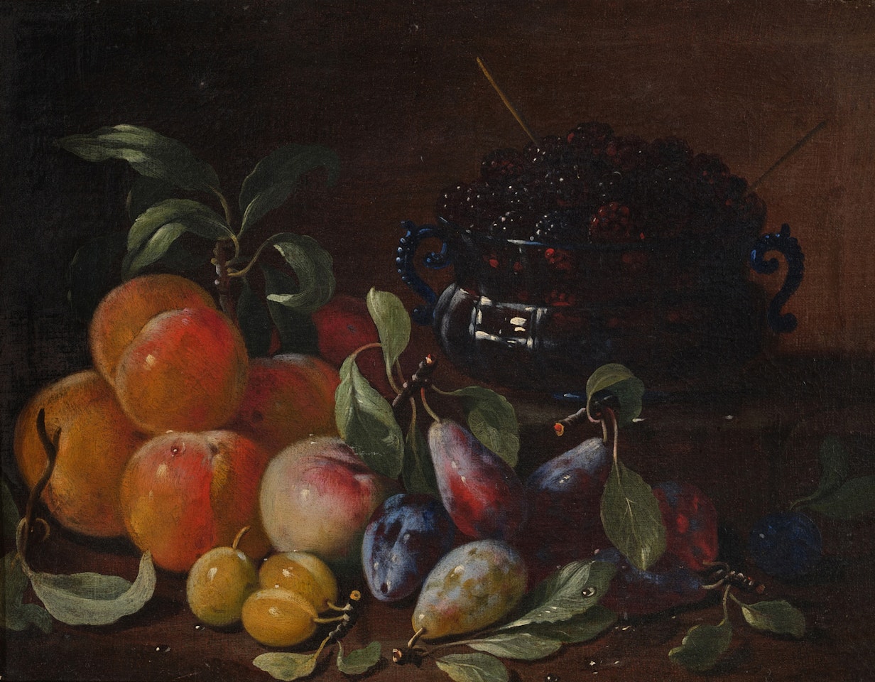 Still Life of Various Fruits, with a Venetian Two-Handled Glass Bowl of Blackberries by Roman School