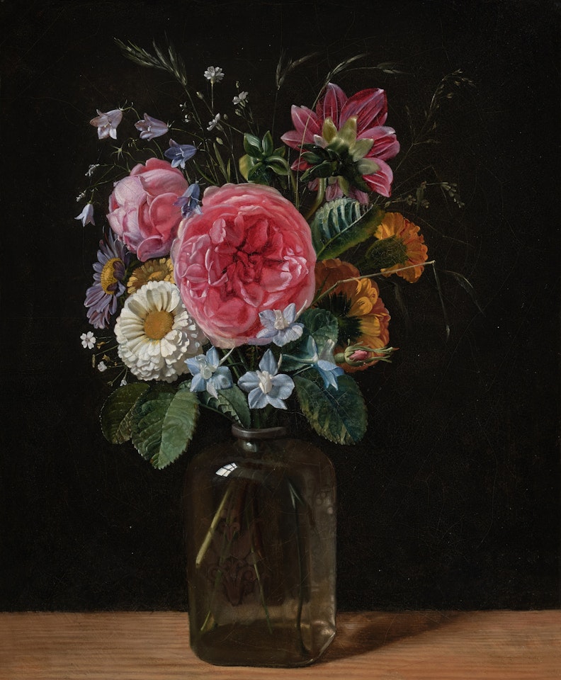 Still Life of a Bouquet of Flowers in a Glass Vase on a Wooden Table by French School