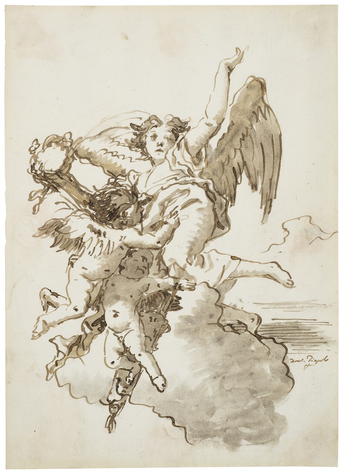 An angel with a victor"s crown and putti in the clouds by Giovanni Domenico Tiepolo