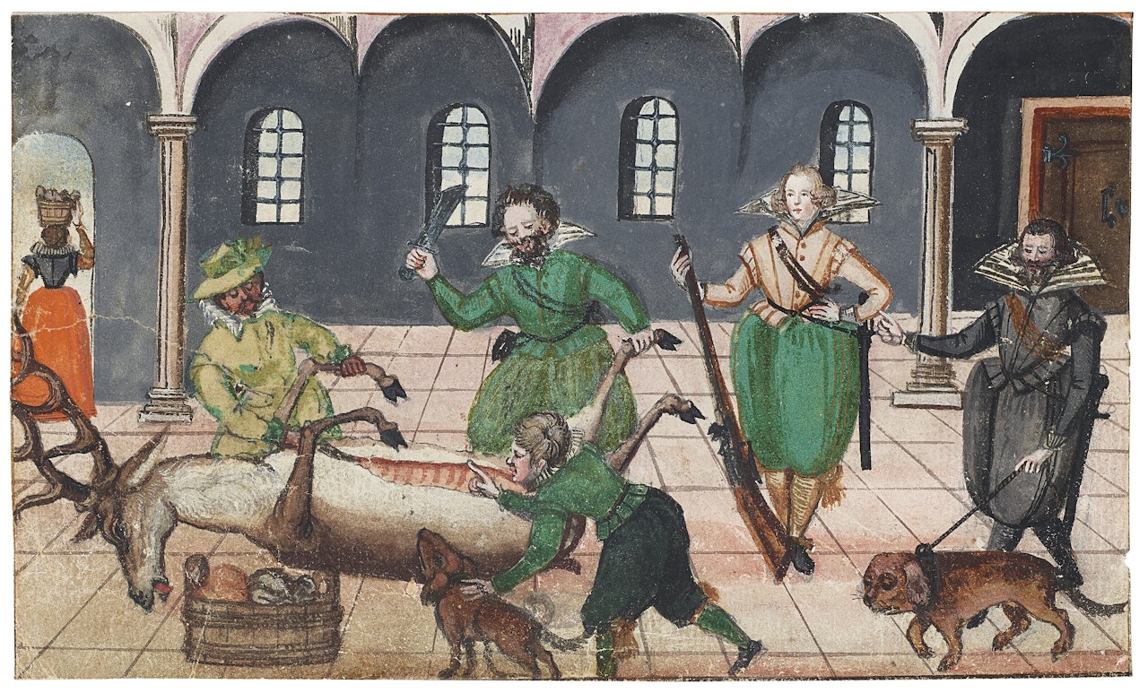 The carving up of a deer after the hunt in an interior by German School