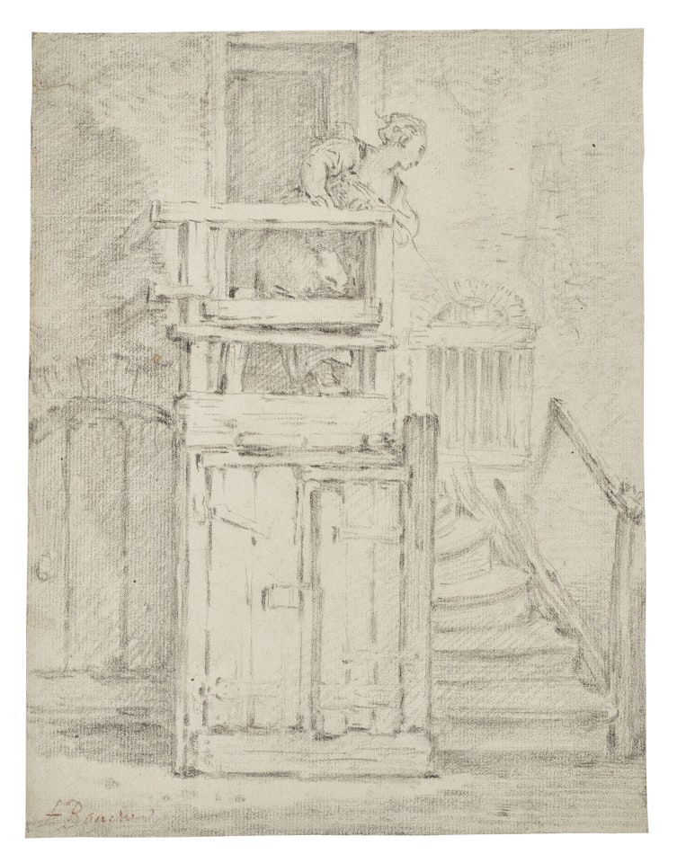 A young woman at the top of stairs outside a rustic building by Francois Boucher