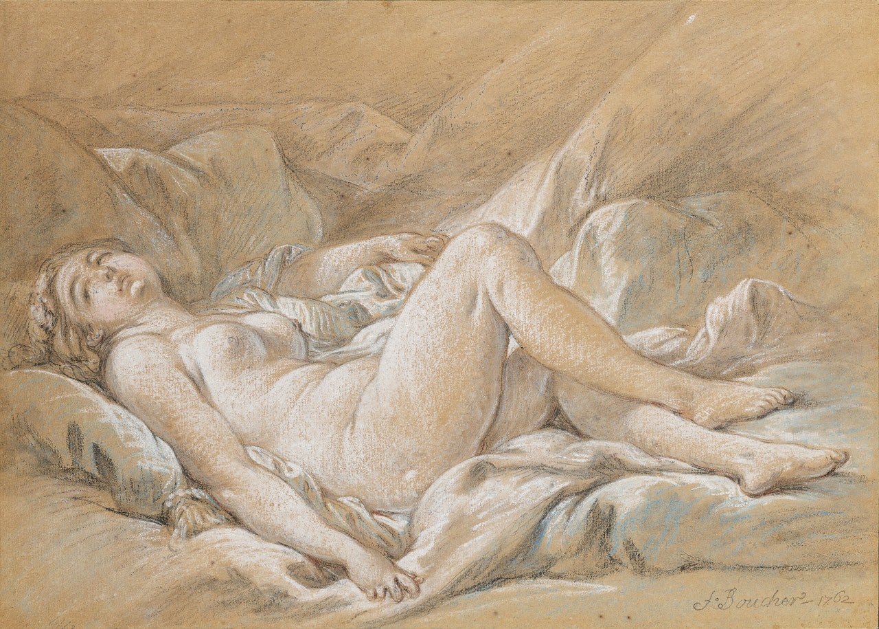 A reclining female on a bed by Francois Boucher